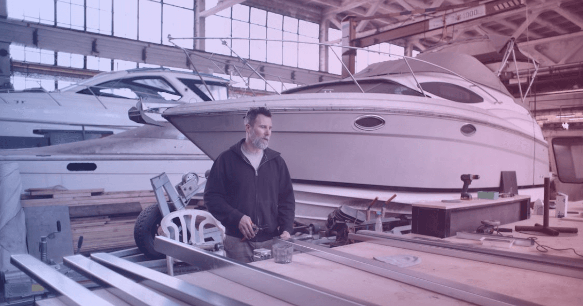 Boat repair work at marine service facility