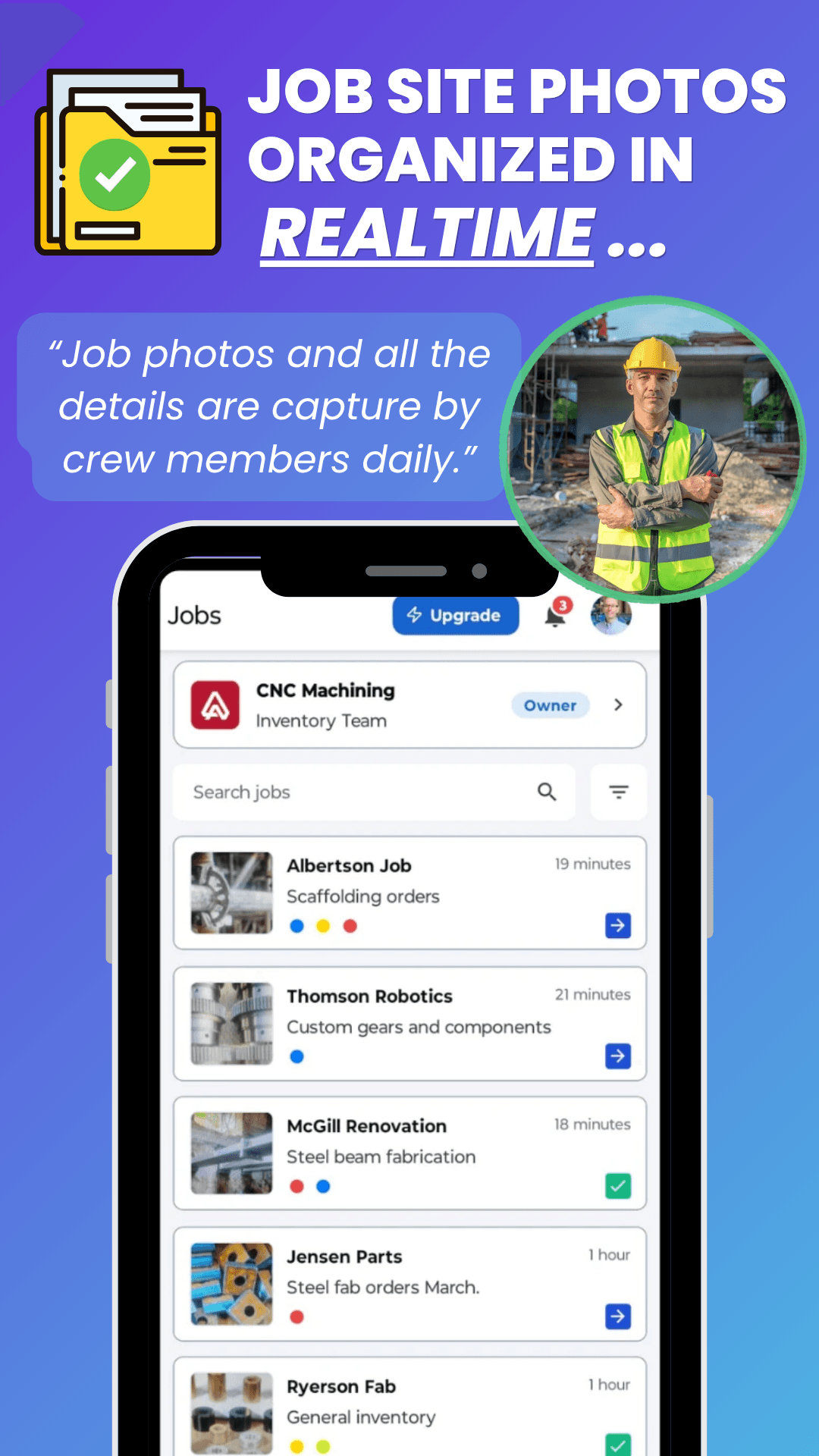 Work Photo Pro app screenshot showing job site photos organized in realtime